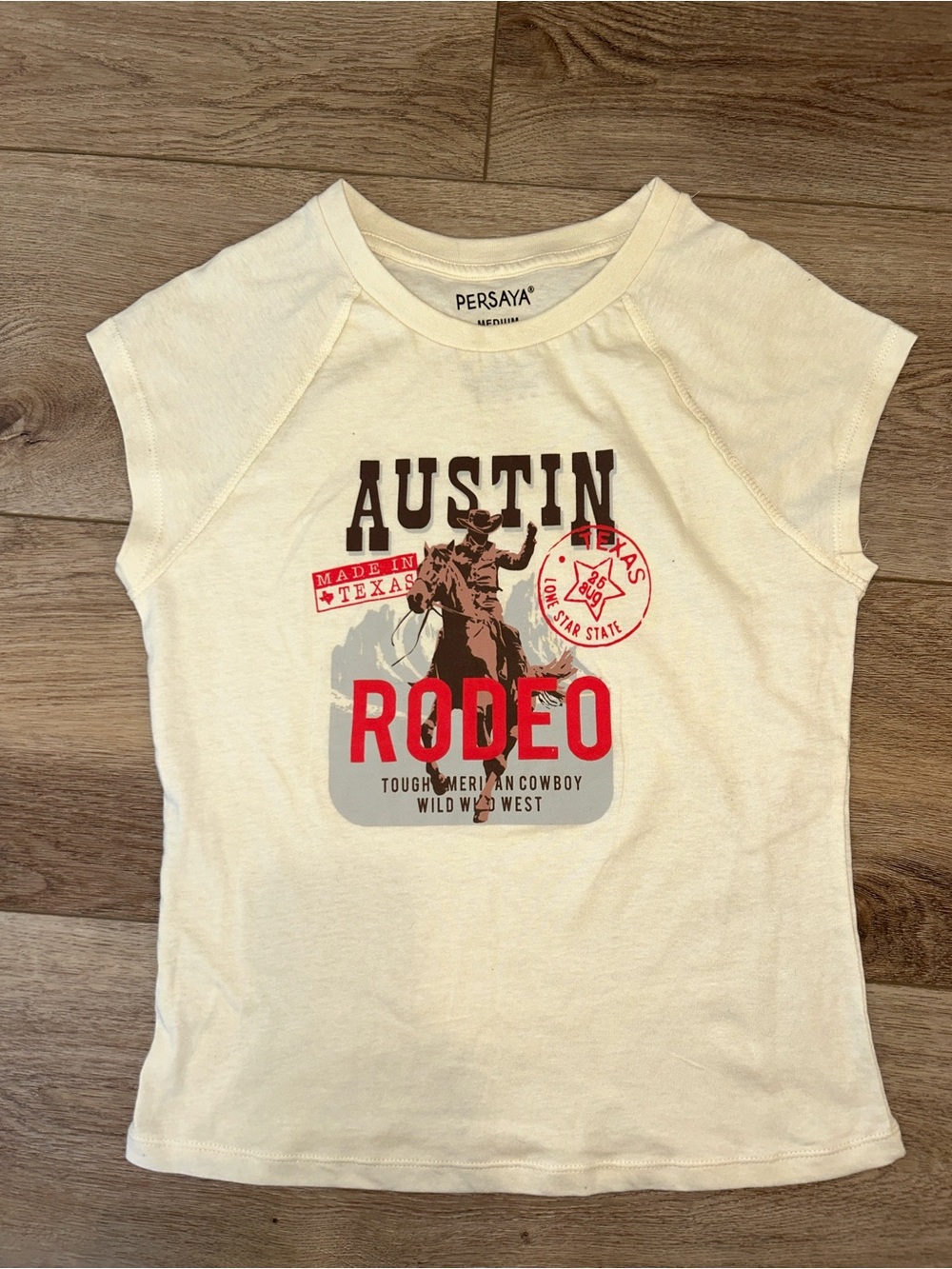 Persaya Short Sleeve Austin Rodeo Graphic Tee - Cream with Red and Brown Print